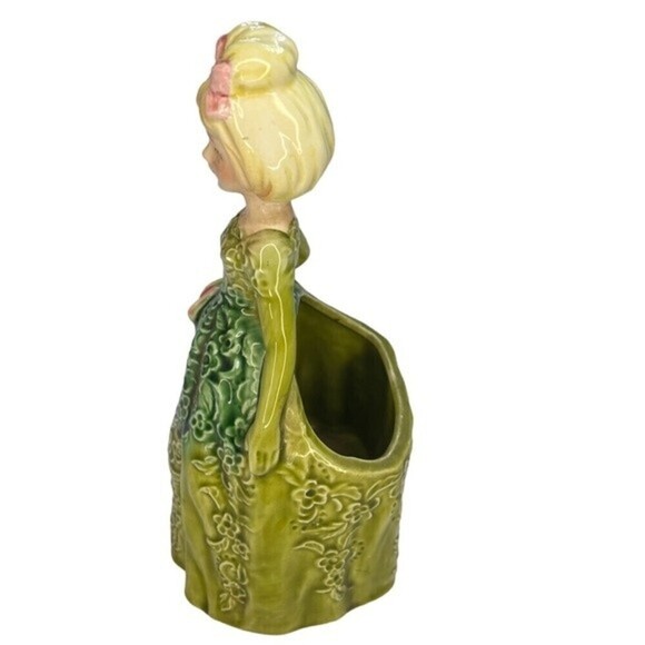 Rare Vintage Enesco Ceramic Planter Lady Figurine Green Dress Japan E-8283 - Picture 5 of 6
